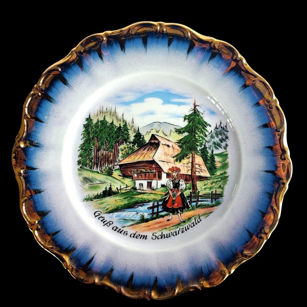 Vintage Bavarian German Decorative Souvenir Plate Black Forest Scene & Gold Rim